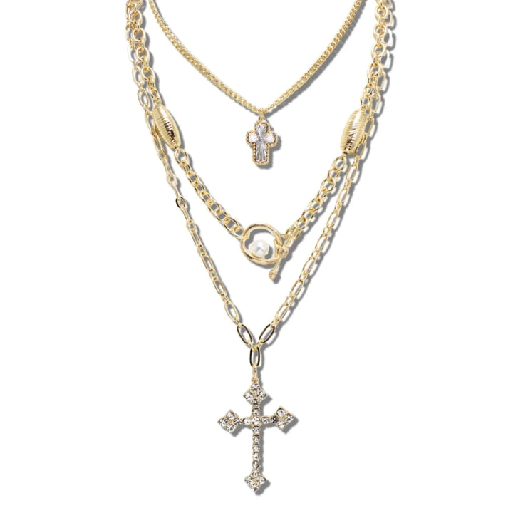 TRIPLE LAYER CROSS PENDANT NECKLACE