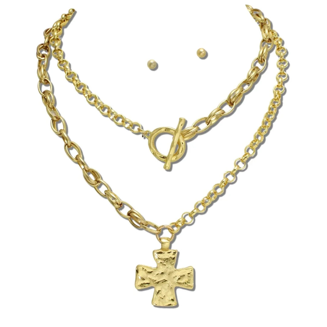 24K GOLD TONE 35" LONG HAMMERED CROSS PENDANT TOGGLE NECKLACE