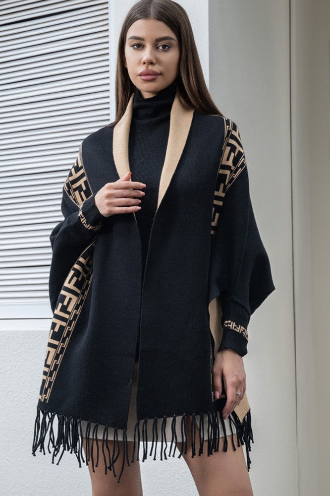 Geometric Pattern Tassel Shawl Poncho