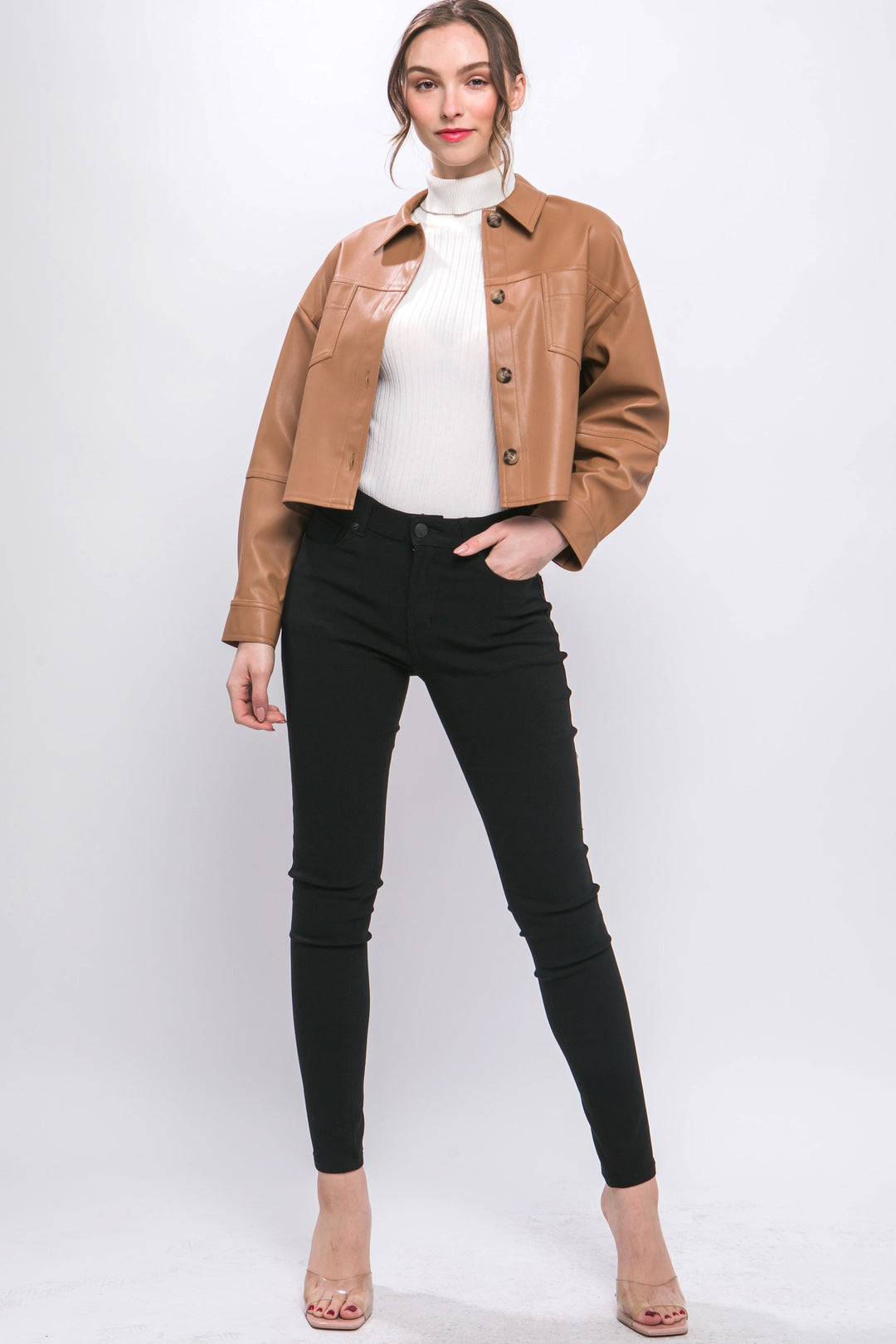 Faux Leather Cropped Button Down Jacket