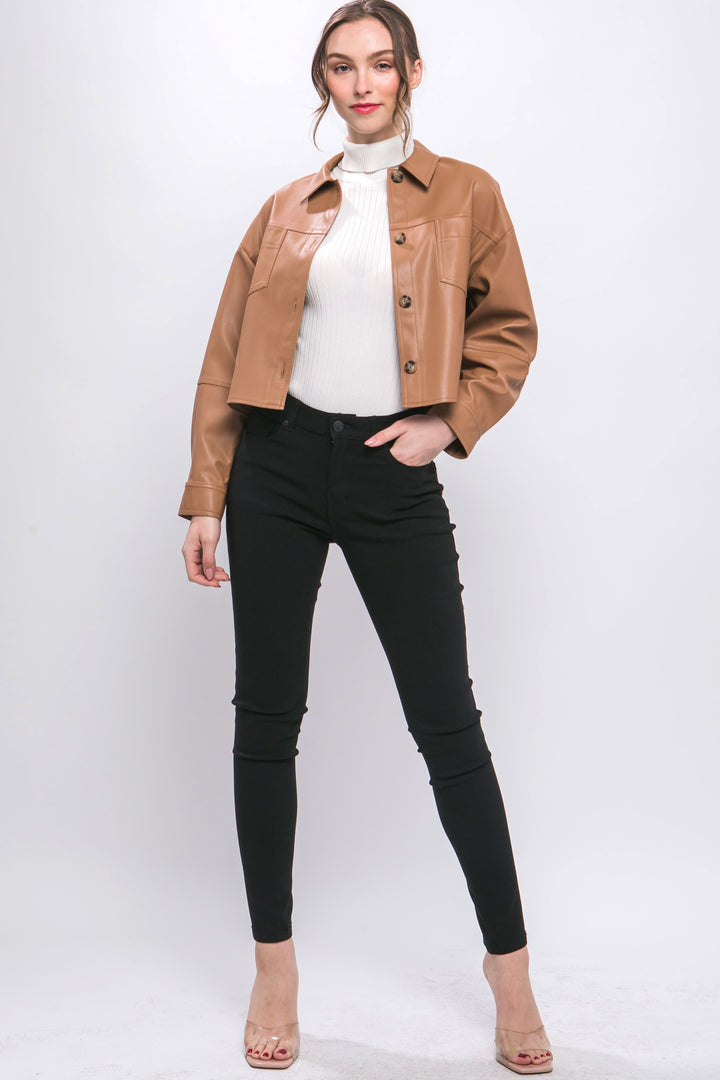 Faux Leather Cropped Button Down Jacket