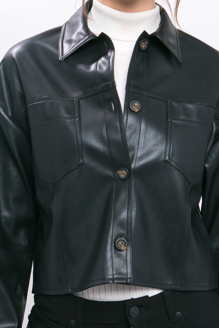Faux Leather Cropped Button Down Jacket