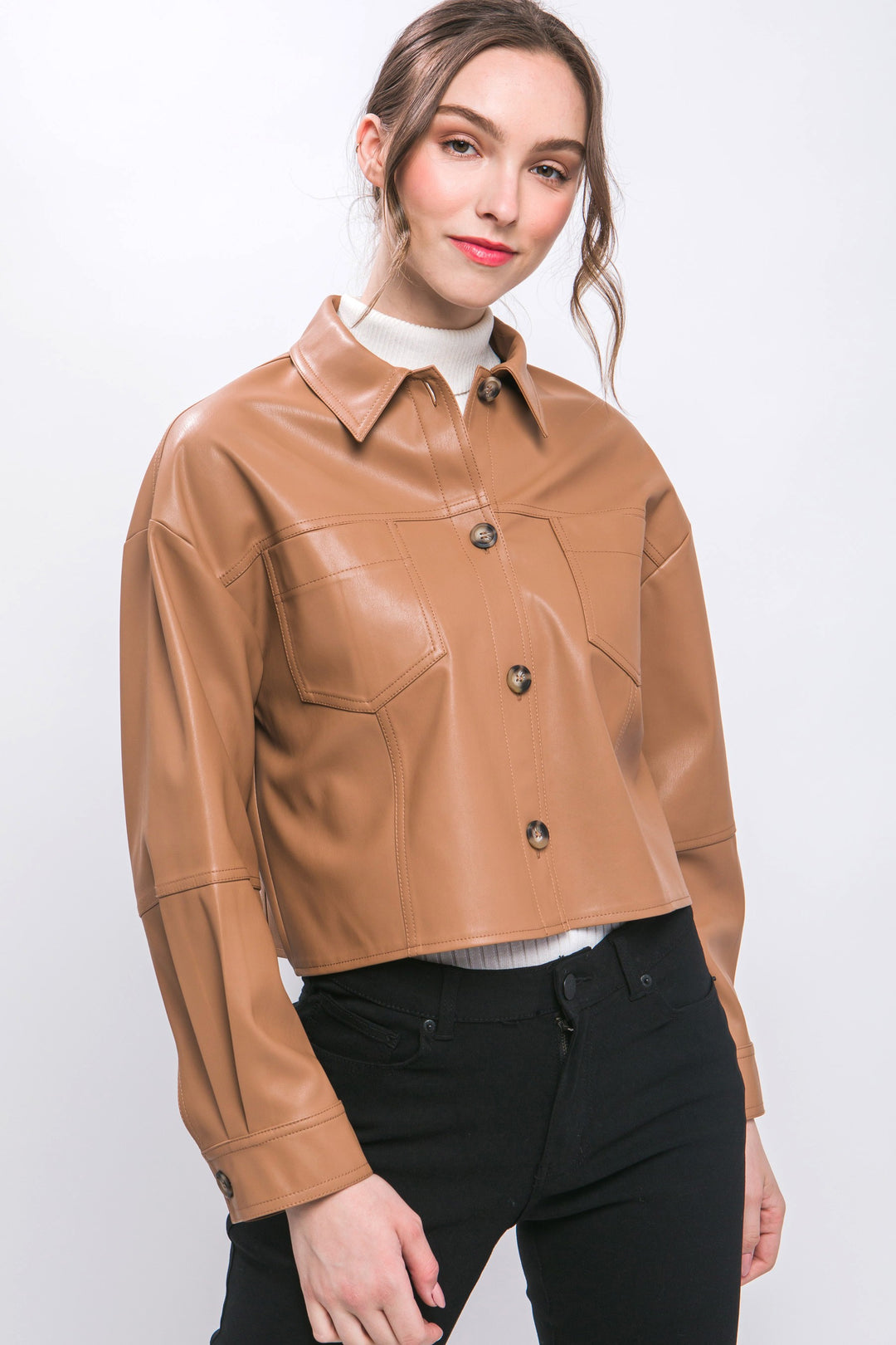 Faux Leather Cropped Button Down Jacket