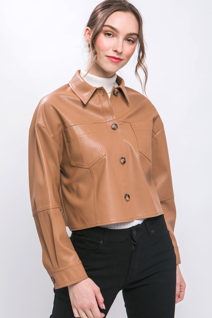Faux Leather Cropped Button Down Jacket
