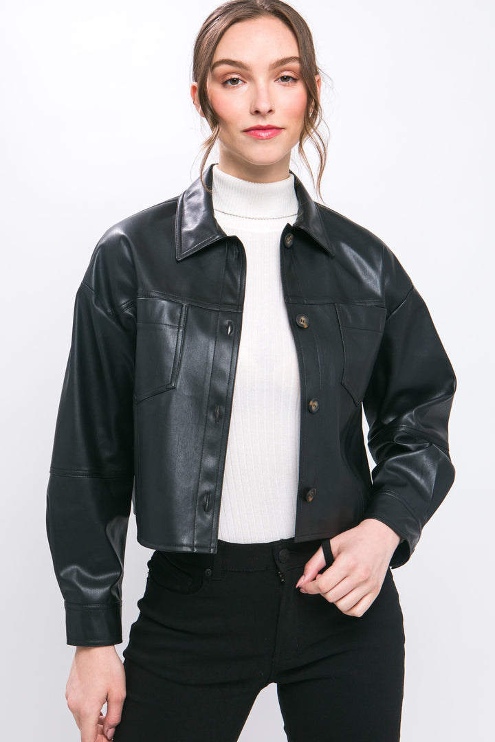 Faux Leather Cropped Button Down Jacket