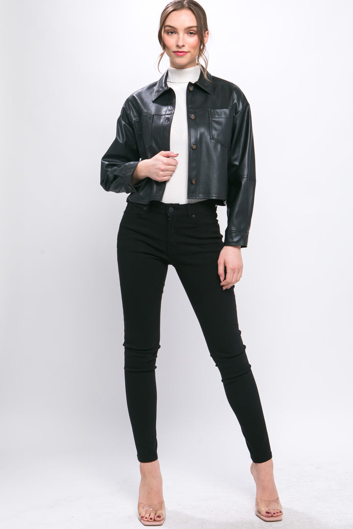 Faux Leather Cropped Button Down Jacket