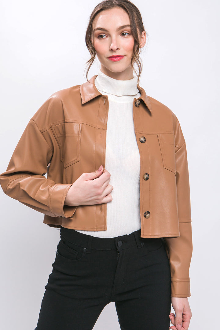 Faux Leather Cropped Button Down Jacket