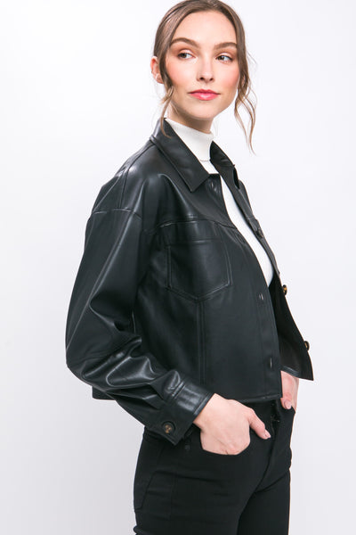 Faux Leather Cropped Button Down Jacket