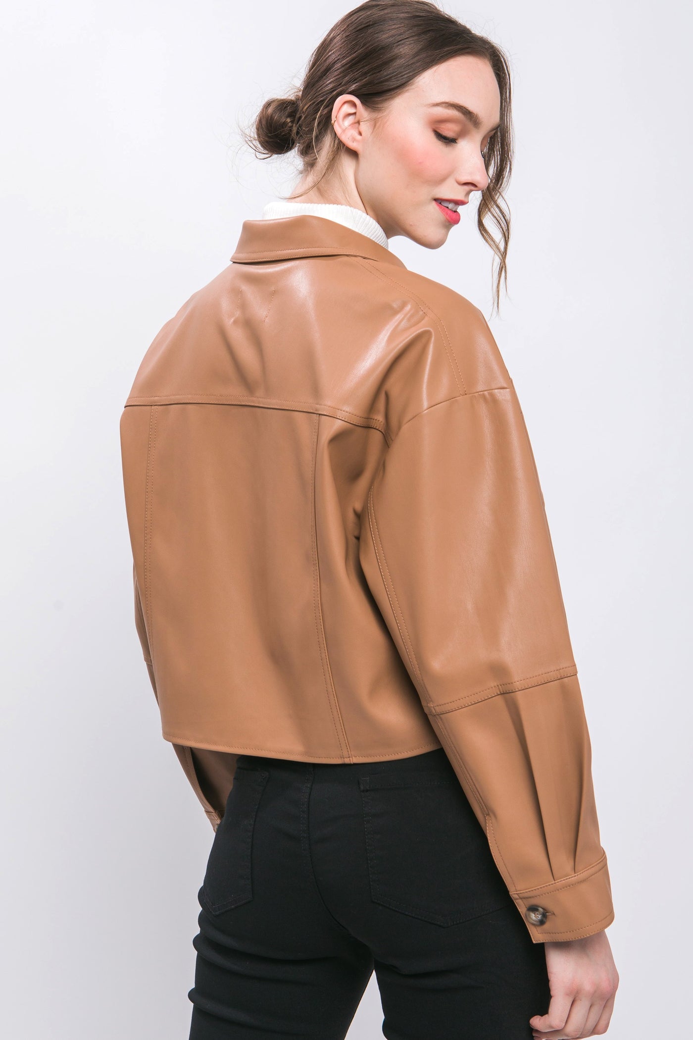 Faux Leather Cropped Button Down Jacket