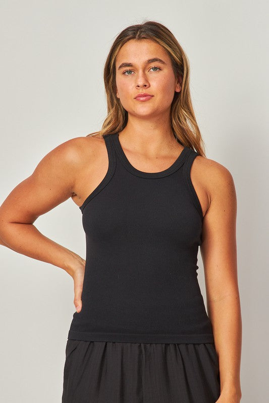 Fine Ribbed Seamless High Neck Tank Top