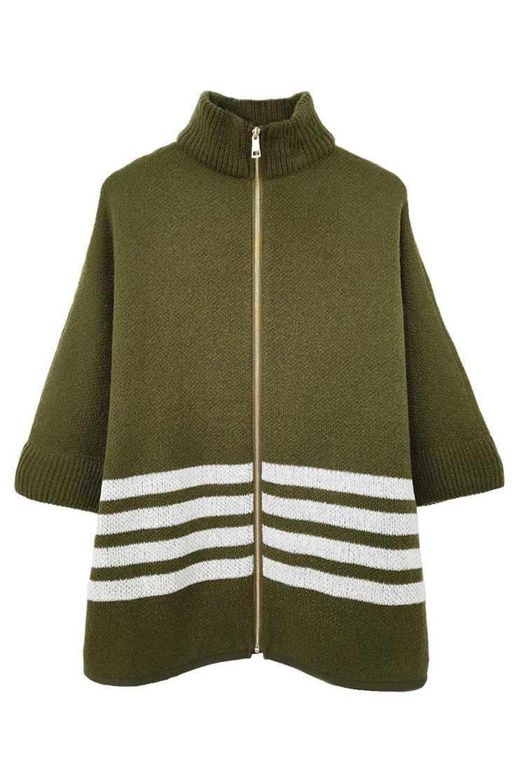 Sporty Bordered Zip Up Knit Cape Poncho