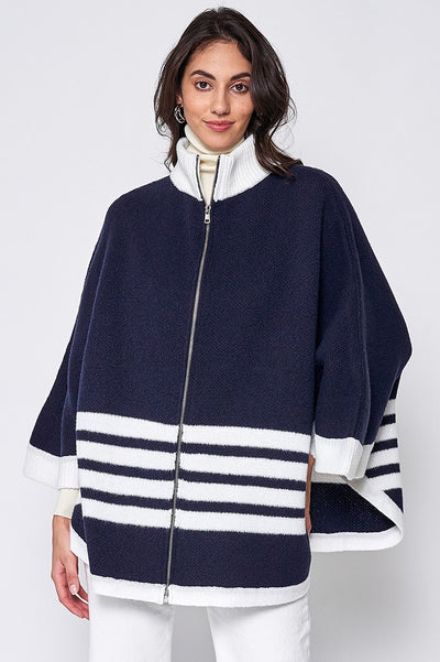 Sporty Bordered Zip Up Knit Cape Poncho