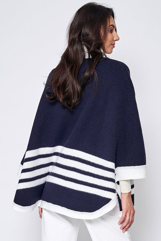 Sporty Bordered Zip Up Knit Cape Poncho