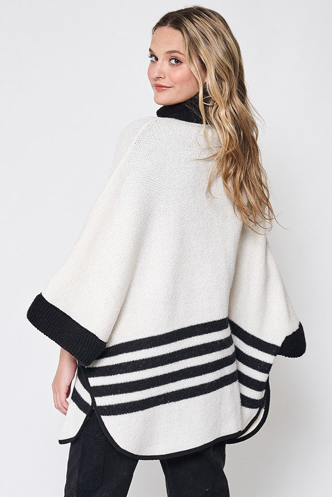 Sporty Bordered Zip Up Knit Cape Poncho