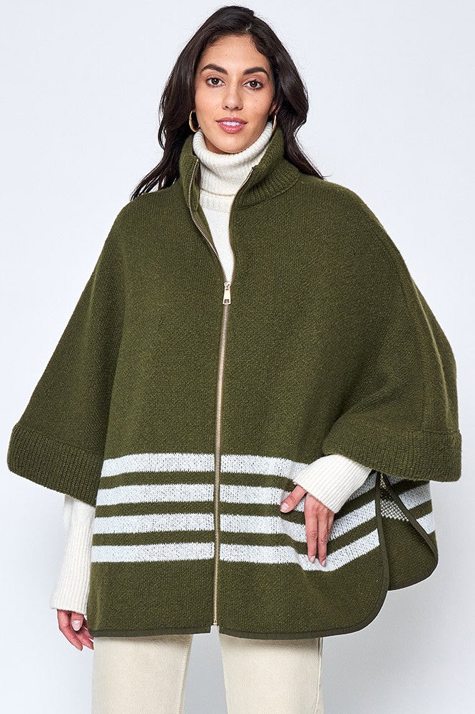 Sporty Bordered Zip Up Knit Cape Poncho