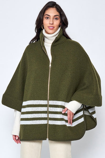 Sporty Bordered Zip Up Knit Cape Poncho