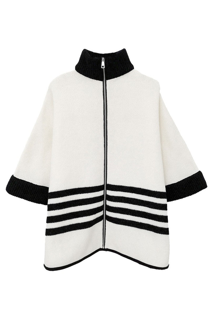 Sporty Bordered Zip Up Knit Cape Poncho