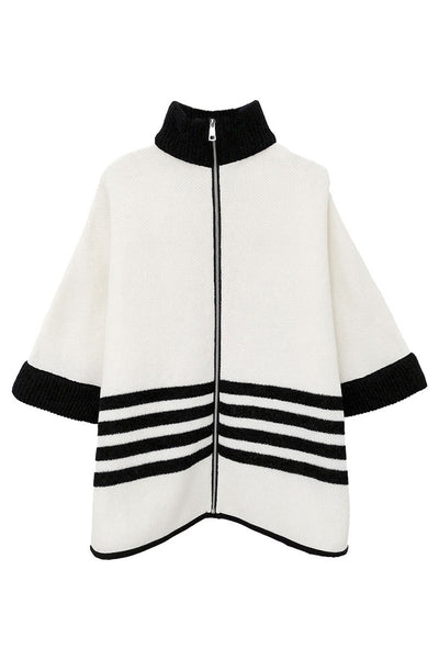 Sporty Bordered Zip Up Knit Cape Poncho