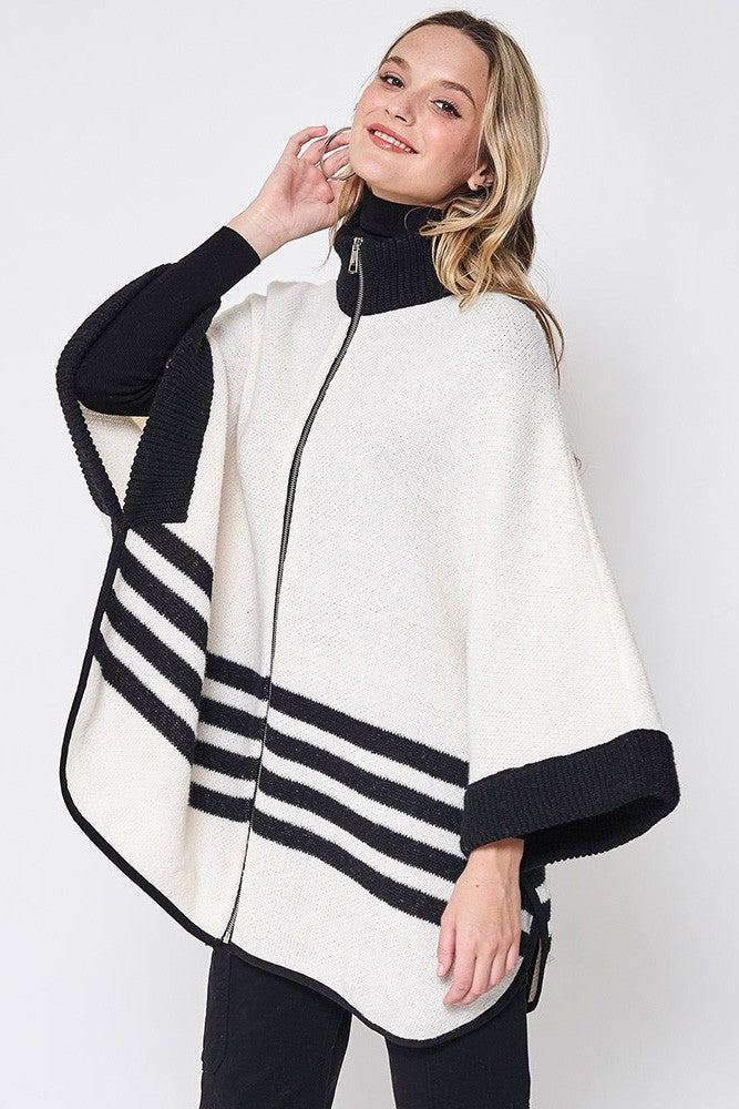 Sporty Bordered Zip Up Knit Cape Poncho