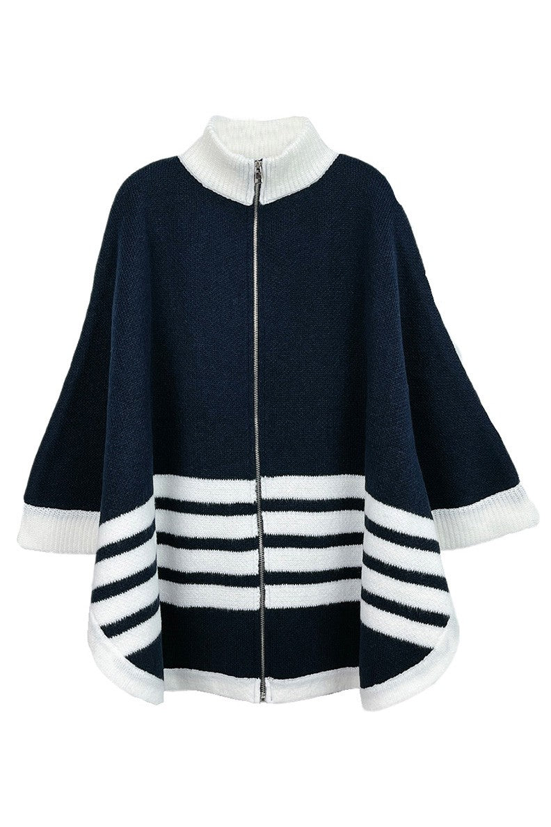 Sporty Bordered Zip Up Knit Cape Poncho