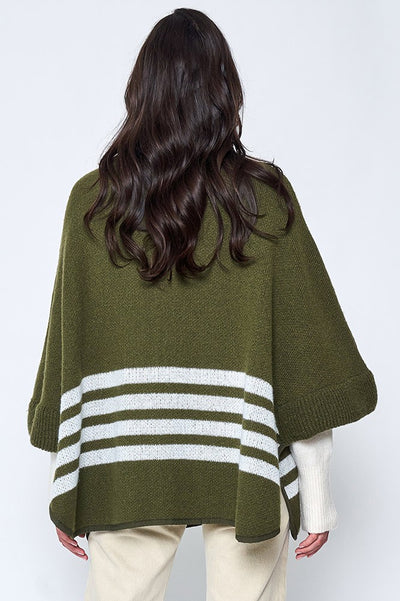 Sporty Bordered Zip Up Knit Cape Poncho