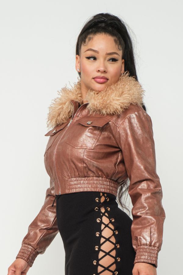 Faux Fur Collar Cropped Pu Jacket