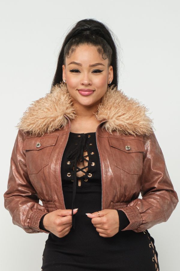 Faux Fur Collar Cropped Pu Jacket