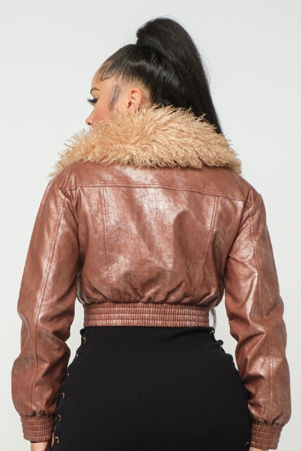 Faux Fur Collar Cropped Pu Jacket