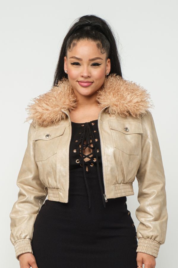 Faux Fur Collar Cropped Pu Jacket