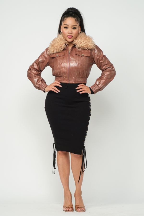 Faux Fur Collar Cropped Pu Jacket