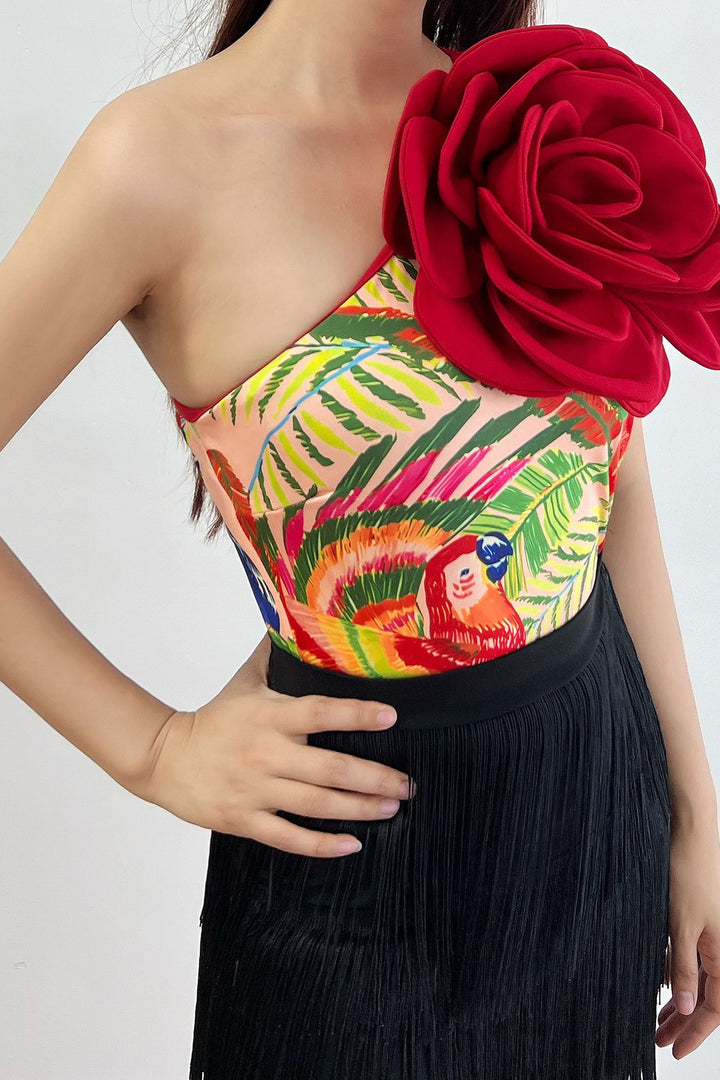 Bodysuit 3D Floral Asymmetric Printed