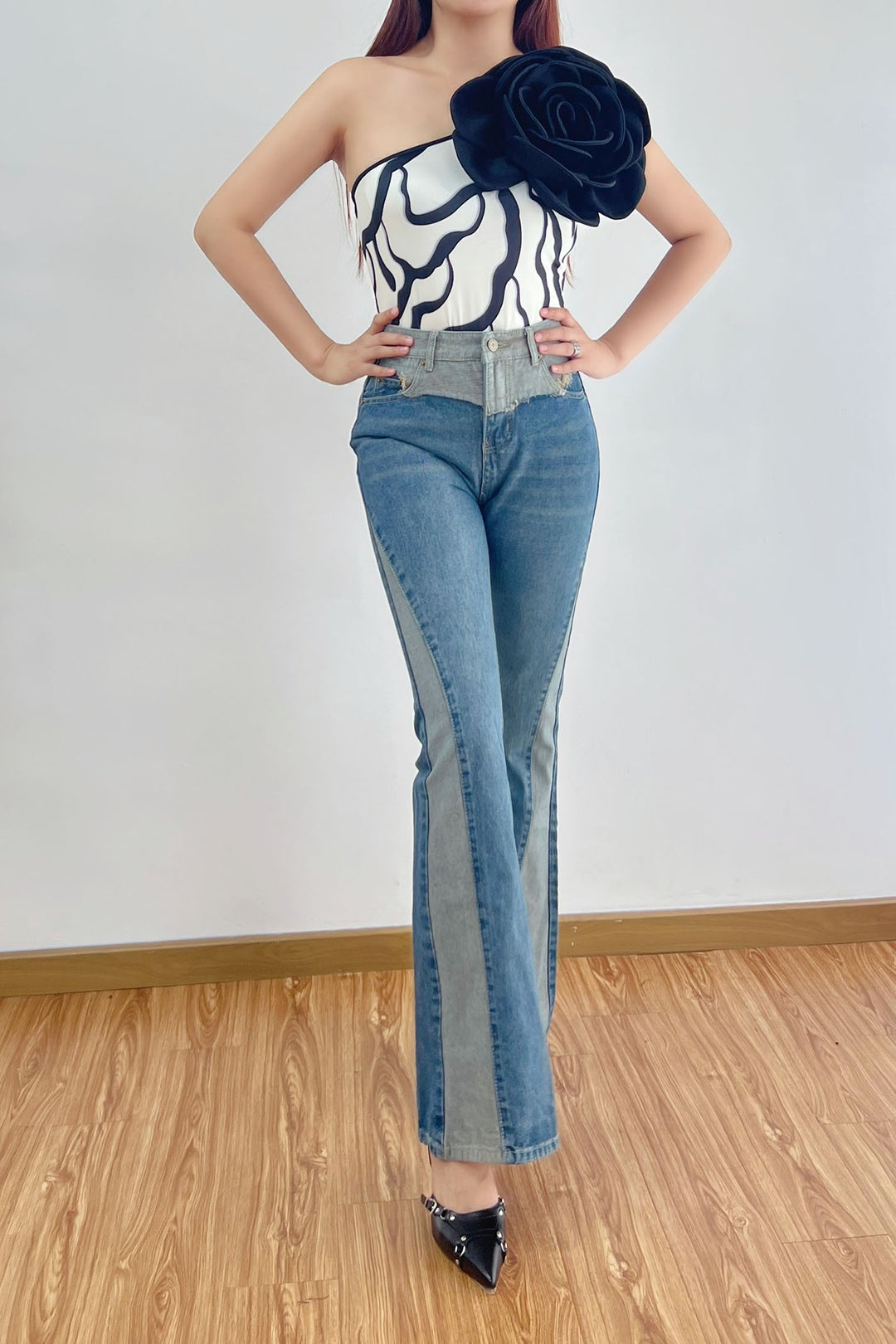 Bodysuit 3D Floral Asymmetric Printed