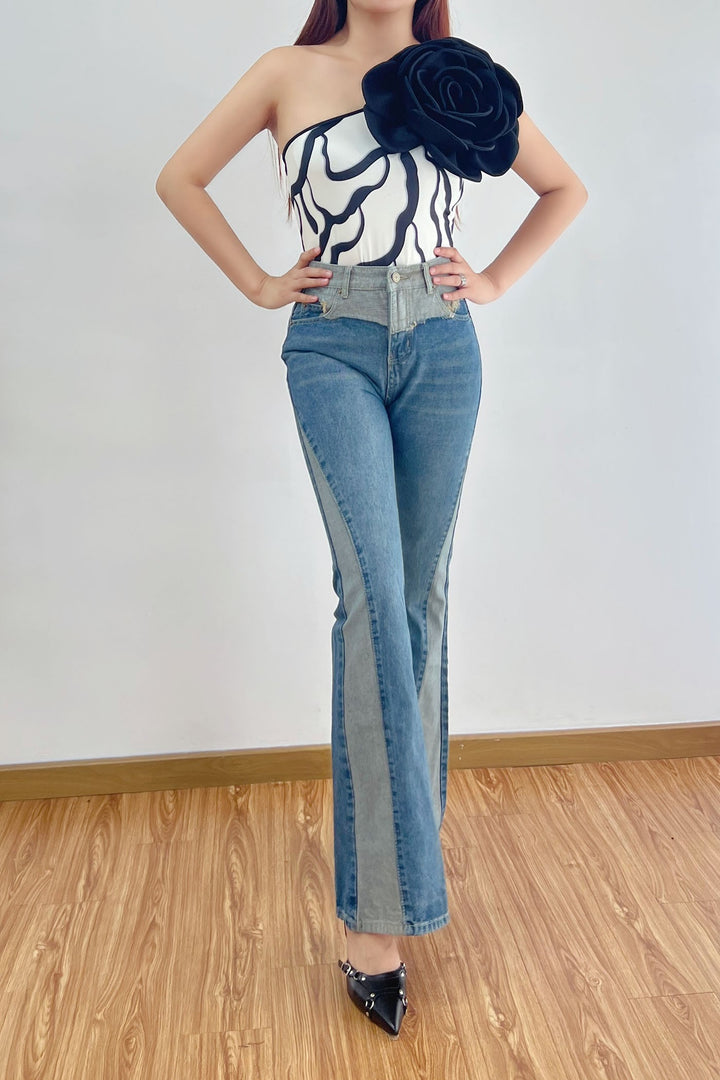 Bodysuit 3D Floral Asymmetric Printed