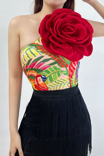 Bodysuit 3D Floral Asymmetric Printed