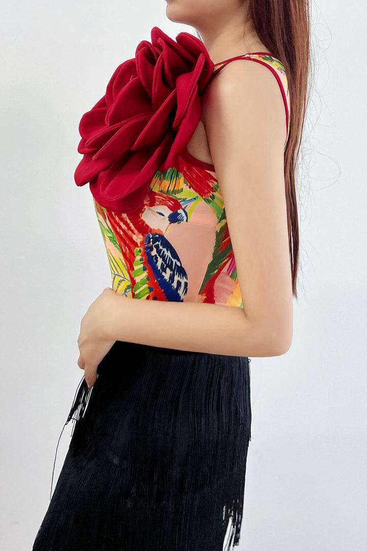 Bodysuit 3D Floral Asymmetric Printed