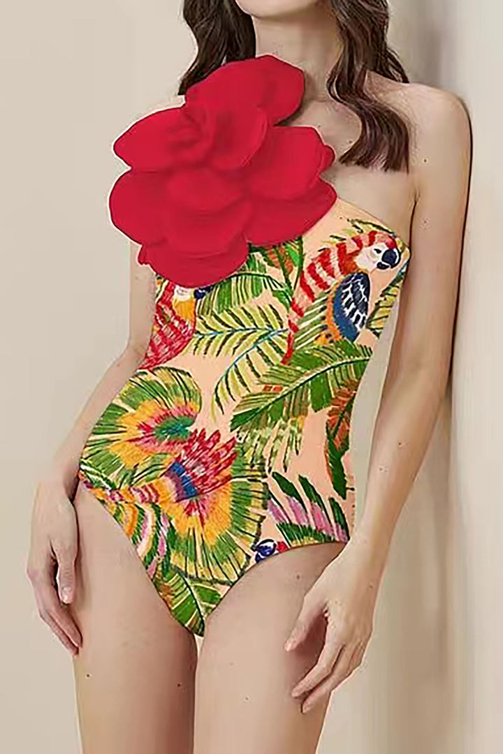 Bodysuit 3D Floral Asymmetric Printed