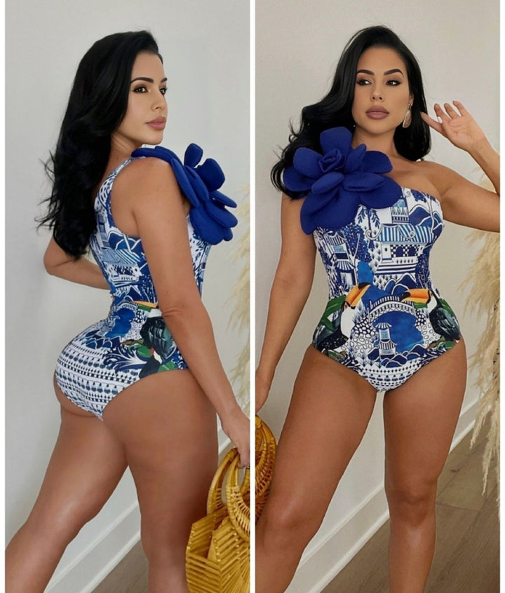 Bodysuit 3D Floral Asymmetric Printed
