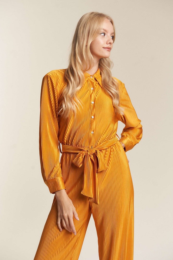 Crinckled Fabric Button Down Tie Waist Jumpsuit