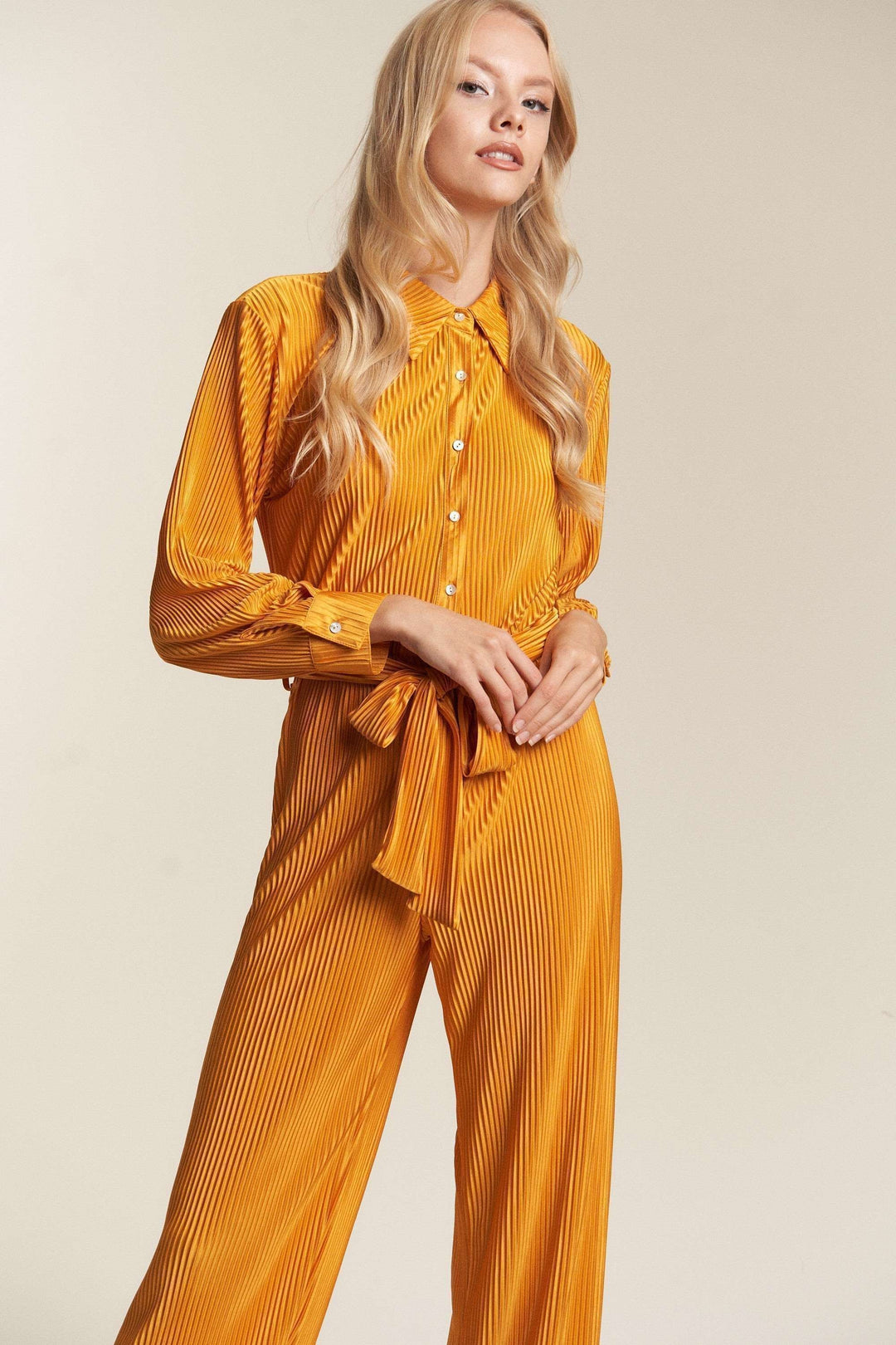 Crinckled Fabric Button Down Tie Waist Jumpsuit