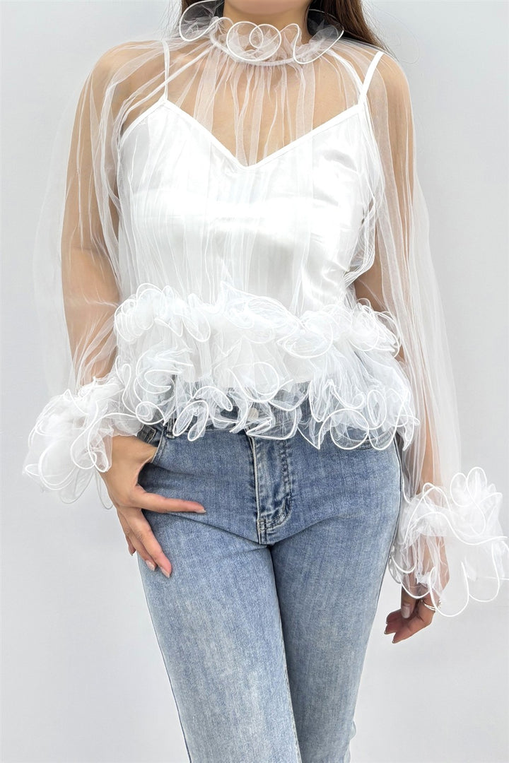 2-pcs Sheer Ruffle Trim Blouse
