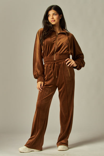 Velour Funnel Neck Jacket Zip Up Pants Set