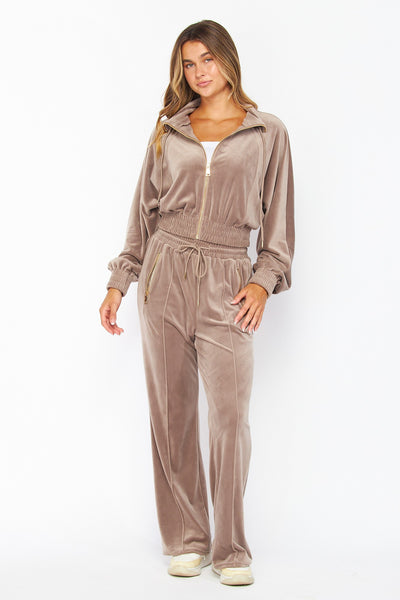 Velour Funnel Neck Jacket Zip Up Pants Set