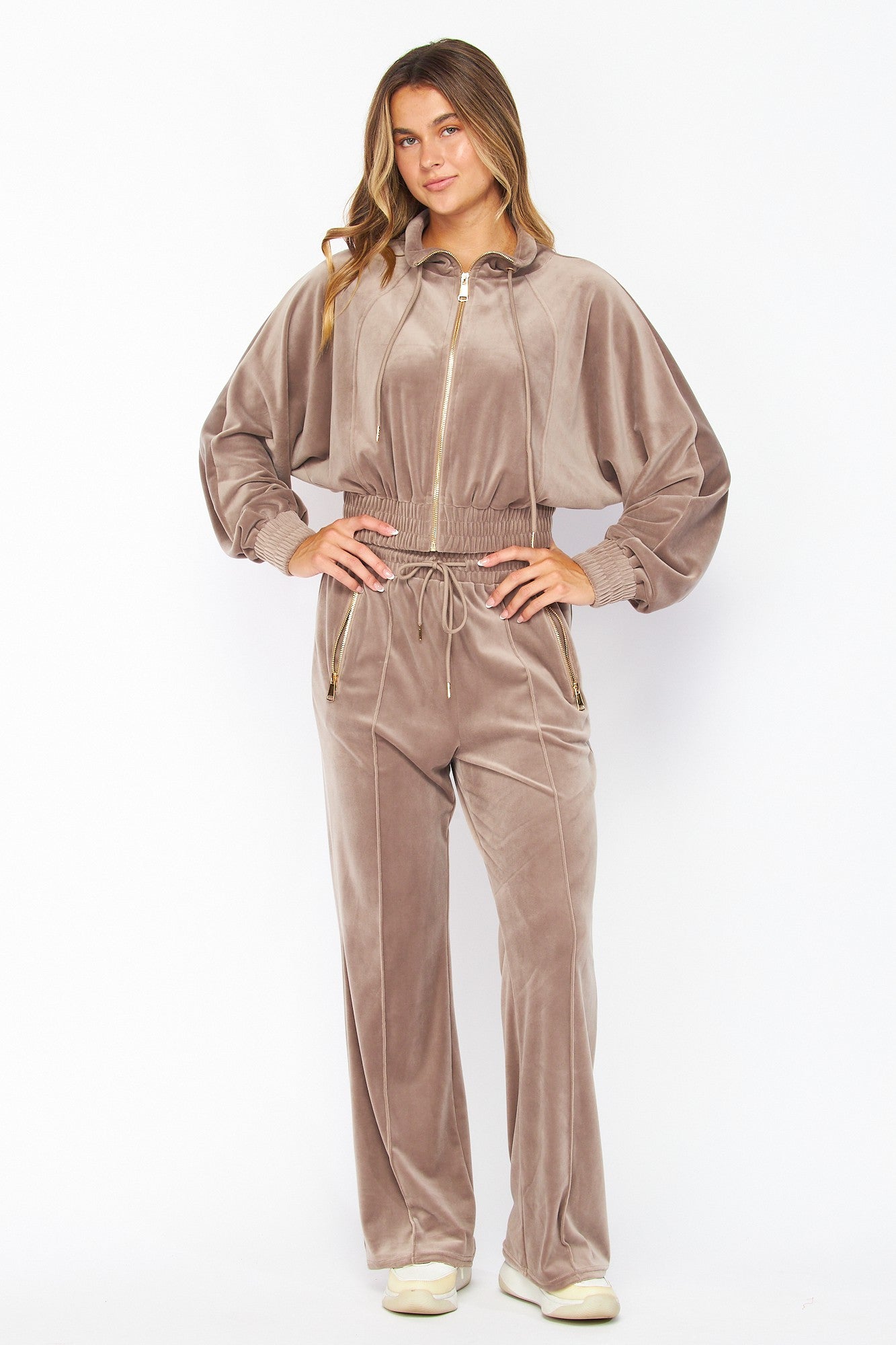 Velour Funnel Neck Jacket Zip Up Pants Set