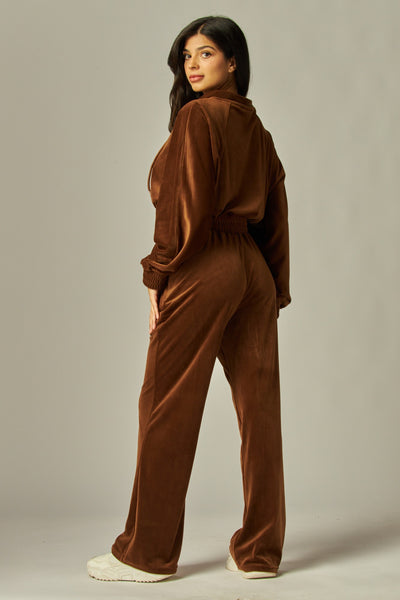 Velour Funnel Neck Jacket Zip Up Pants Set