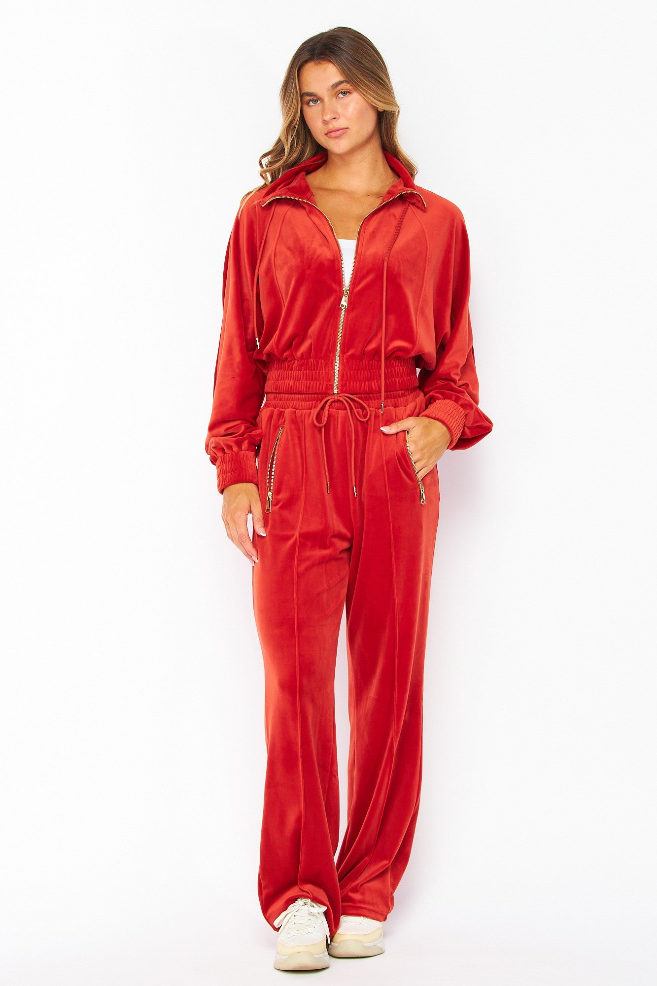 Velour Funnel Neck Jacket Zip Up Pants Set