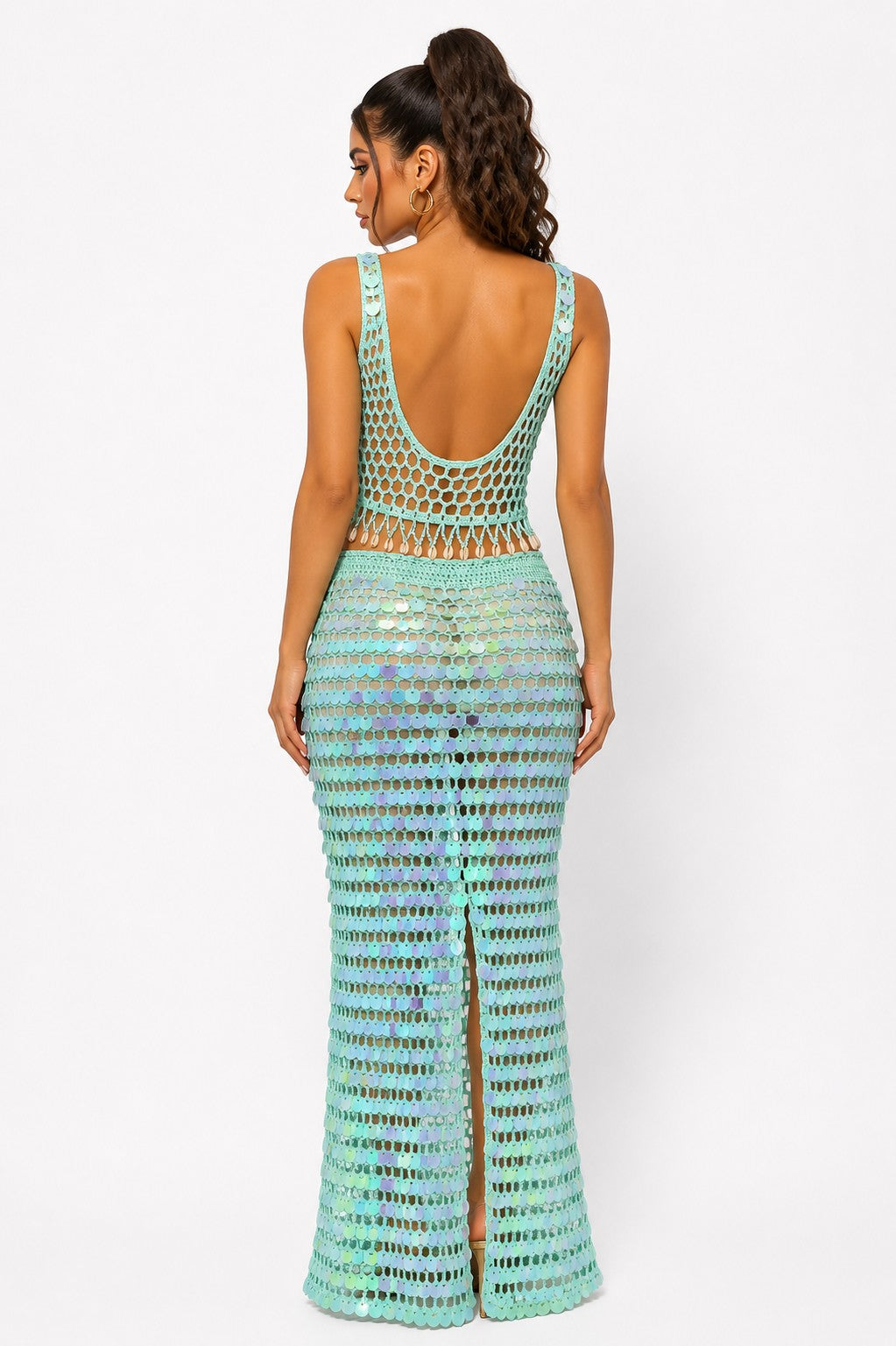 V-neck Crochet Sequin Vacation Set