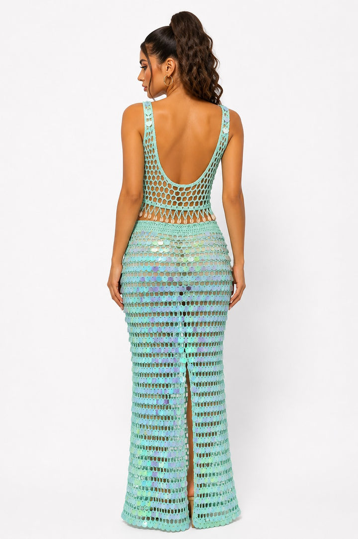 V-neck Crochet Sequin Vacation Set