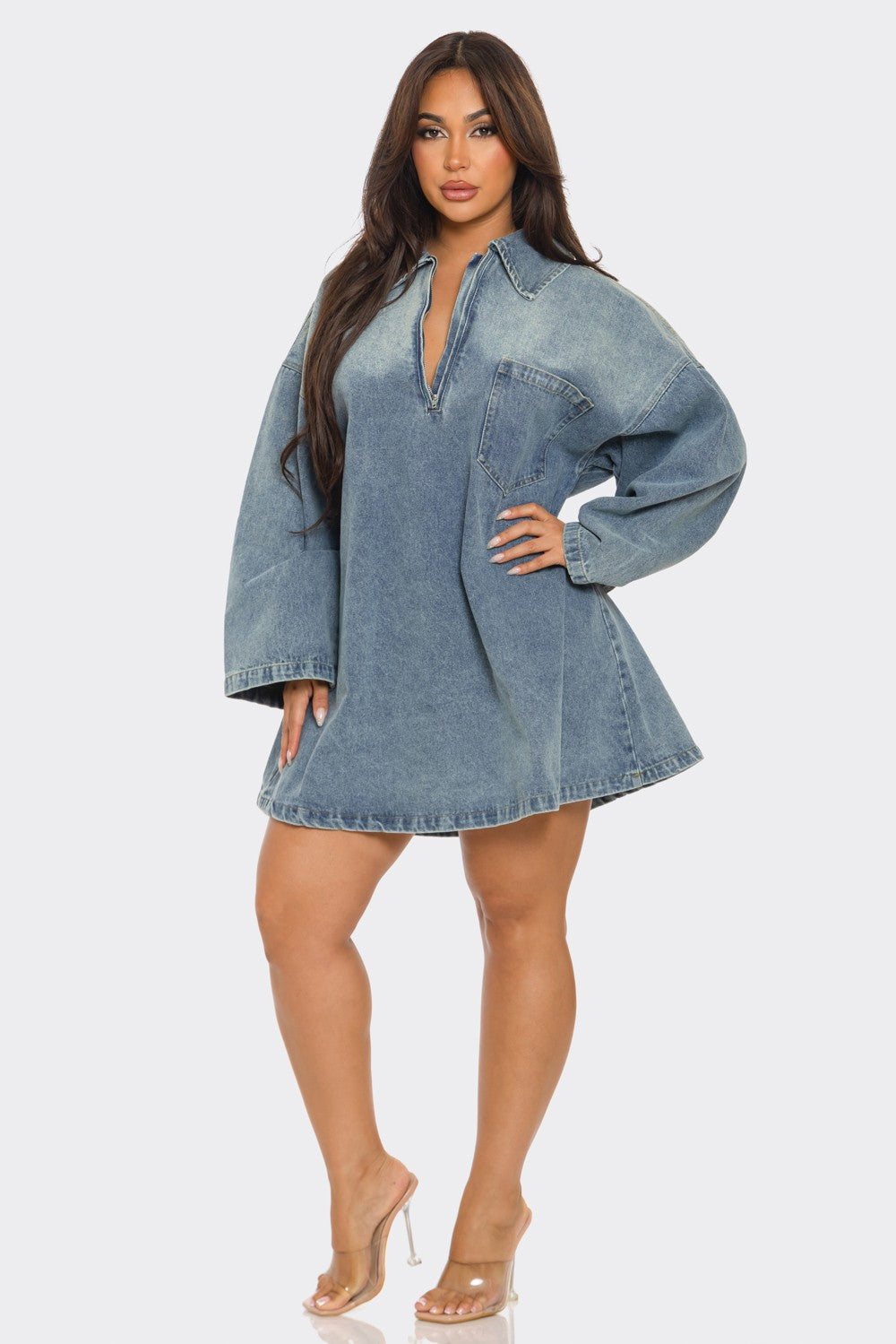 Front Zipper Denim Mini Dress