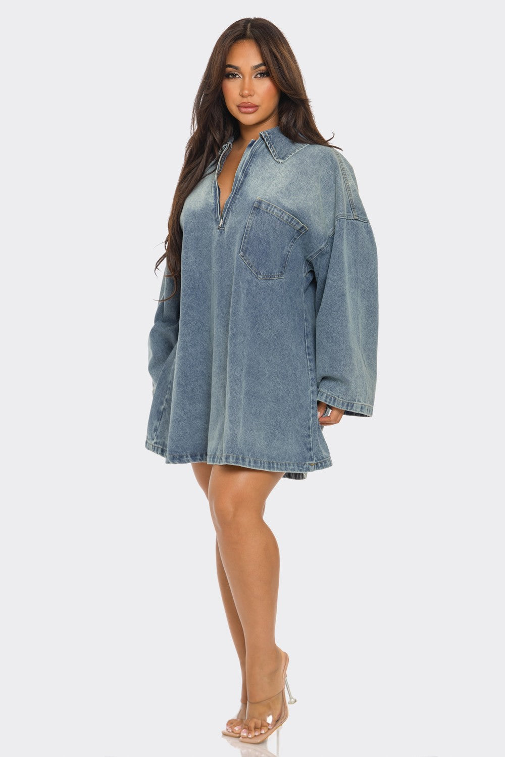 Front Zipper Denim Mini Dress