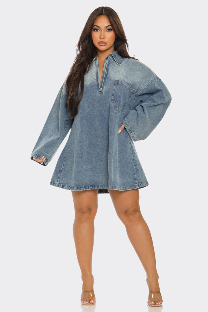 Front Zipper Denim Mini Dress